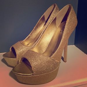 Gold glitter peep toe 6” platform heels